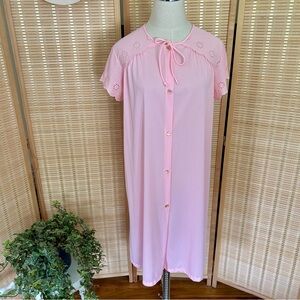 Vintage Pink Nightgown With Eyelet Lace Sleeves & Button Front Closure